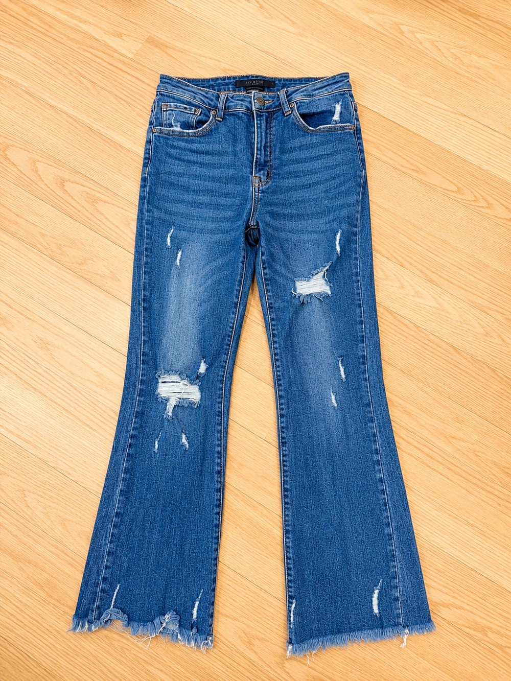 RISEN Distressed Frayed Hem Flare Jeans Size 27/5 Medium Wash Stretch Denim